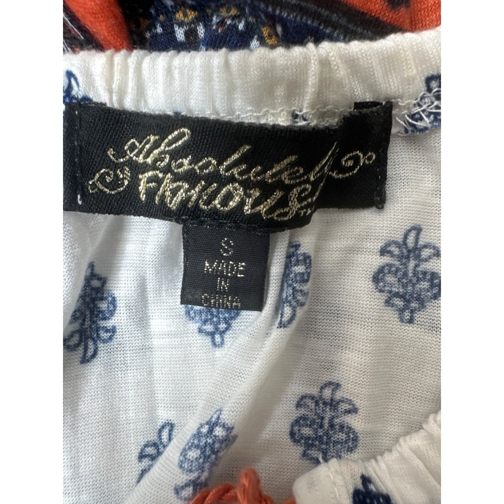 Absolutely Famous Womens Boho Peasant Top Orange Blue Paisley Fringe Size S - Picture 4 of 7